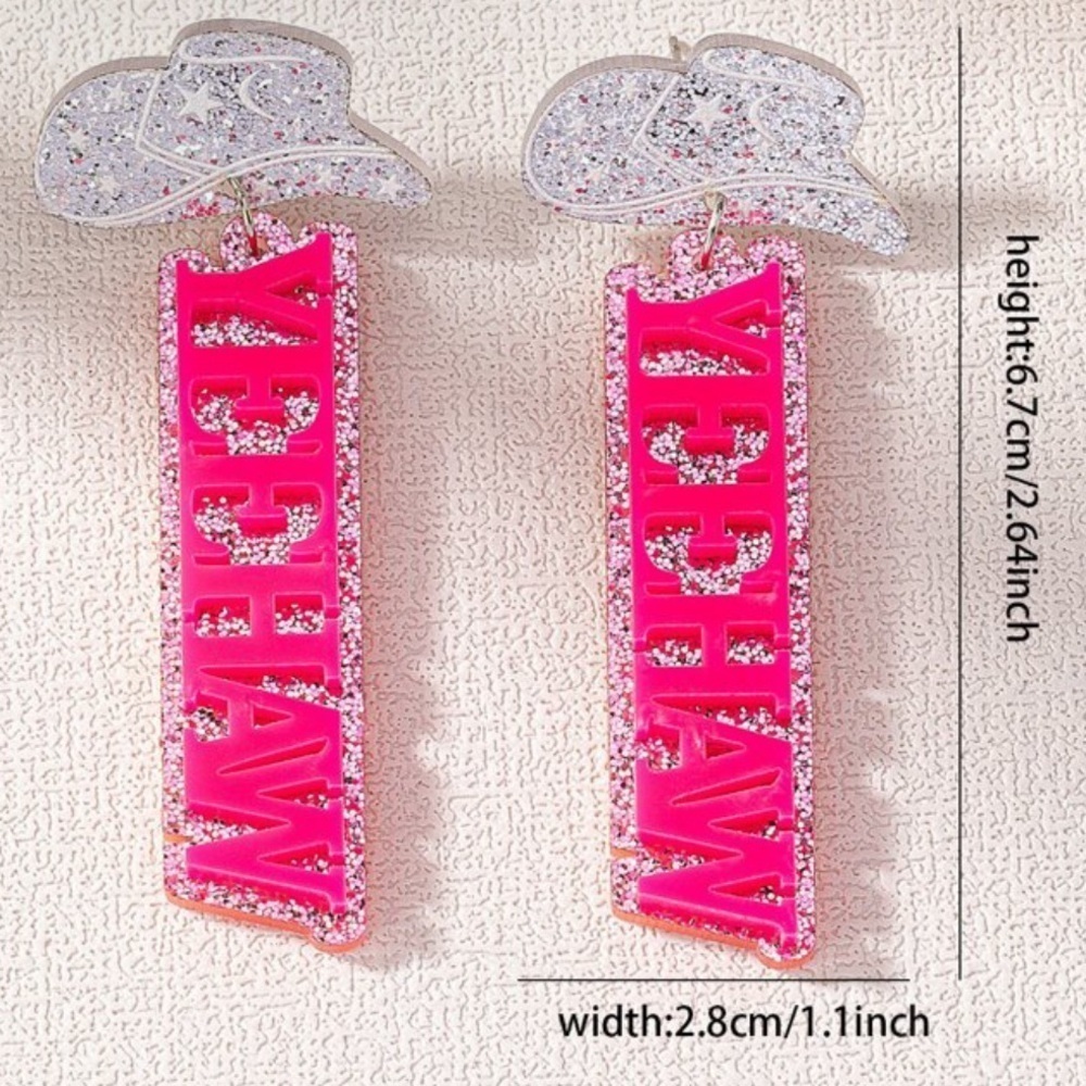Pink and Silver Glitter 'Yeehaw' Earrings - Picture 2 of 3